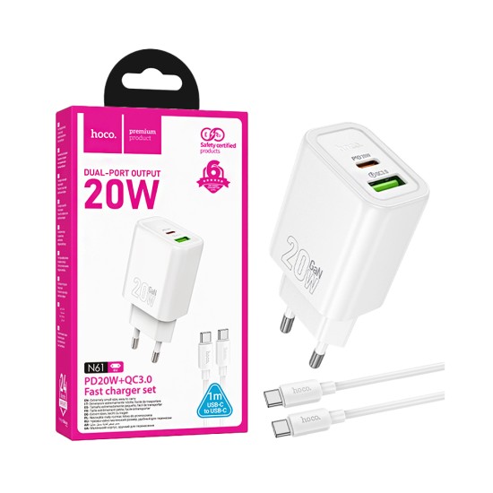 Hoco Charger N61 Gentle 2 Ports USB+Type-C PD20W GAN with Type-C to Type-C Cable 1m White